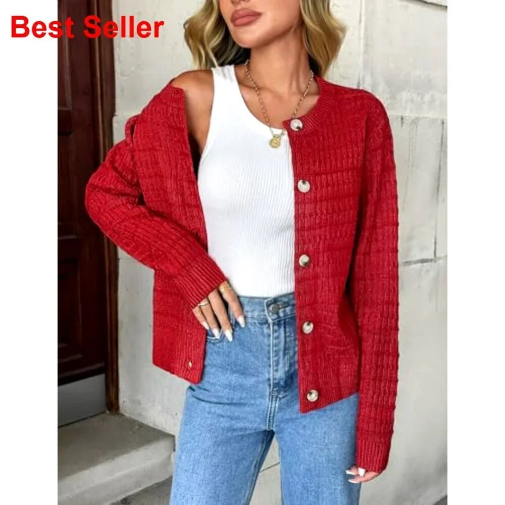 Cropped Cardigan Sweater Open Front Button Down Crew Neck Knit Jacket